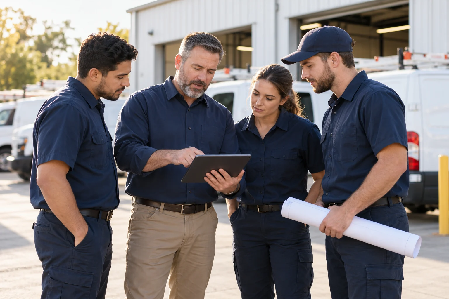 Illustrative electrical service team planning jobs with their operations manager beside service vans