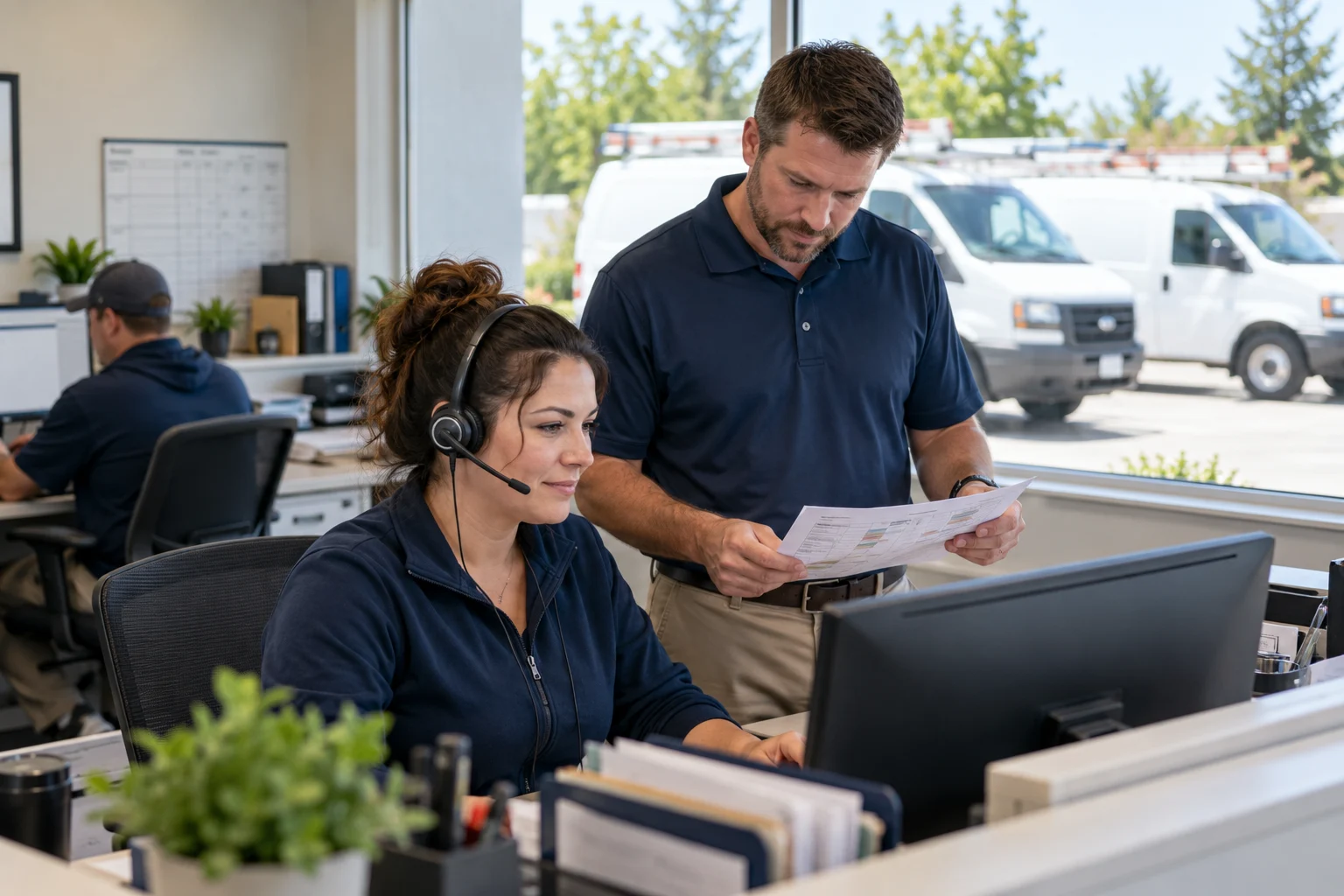 Illustrative electrical company dispatcher and operations manager coordinating the day